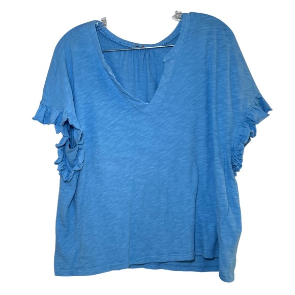 Anthropologie Tops - Pilcro Anthropologie Blue V Neck Ruffle Sleeve Cotton T Shirt Top Women's Size L